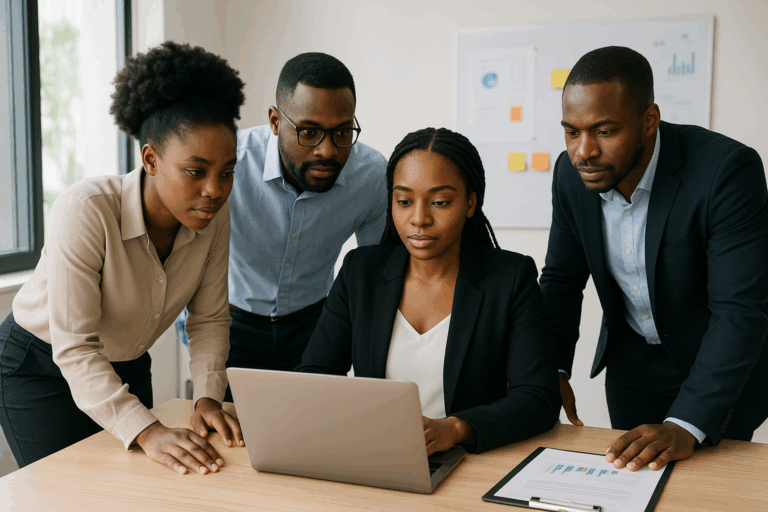 Team collaboration photo in a research or compliance setting